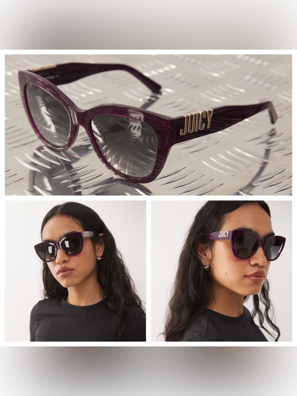 Juicy Couture Glitter Plum Cat-Eye Sunglasses with Gold Logo